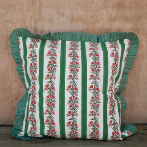 Green Floral and Stripe Reversible Cushion Cover