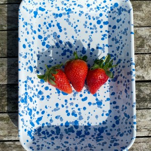 Blue splatter enamel baking tray