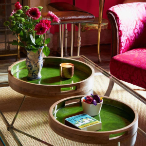 Green round mango wood serving display tray