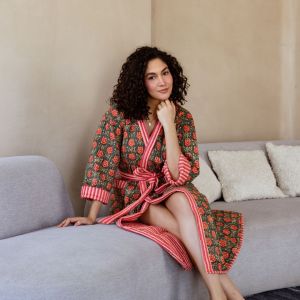 LUXURY QUILTED COTTON ROBE - OLIVE ROSE GARDEN