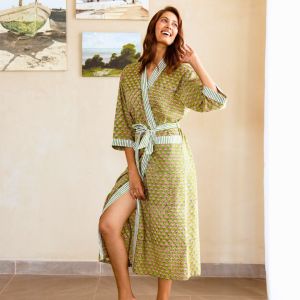 LIGHT COTTON ROBE - GREEN FLORAL BLOOM
