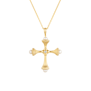 Pearl Cross Gold Necklace with Cubic Zirconia - Ripple