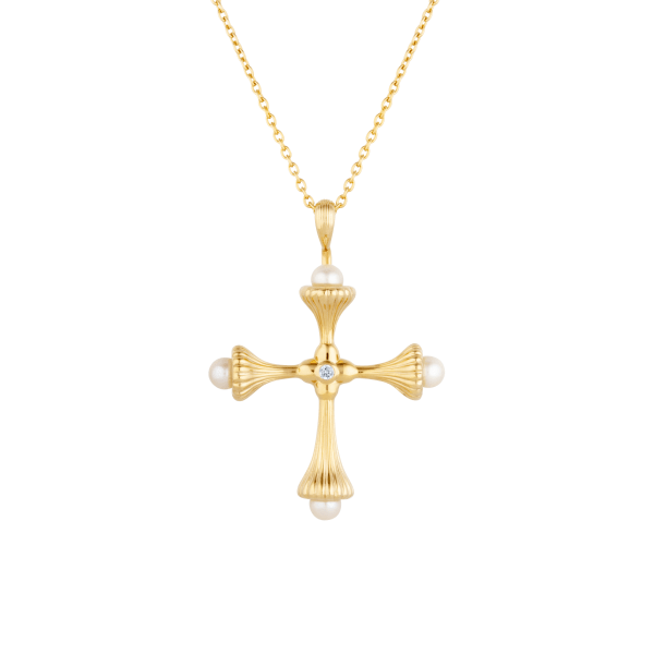 Pearl Cross Gold Necklace with Cubic Zirconia - Ripple