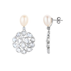 White Topaz and Pearl Statement Silver Stud Drop Earrings