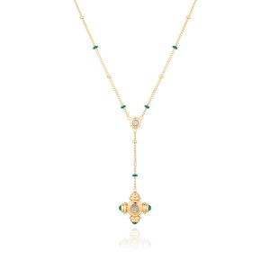 Green Agate and Labradorite Gold Lariat Necklace