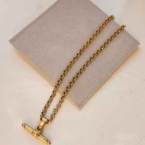 Godl T-Bar pendant necklace on a medium chain with a grey velvet gift bag