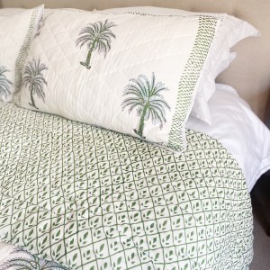 Green and Blue Palm Tree Design, Reversible Hand Block Printed Quilt with Two Pillow Cases