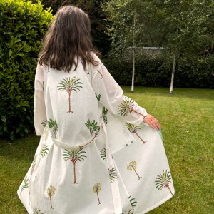 Palm Tree Hand Block Printed Cotton Robe
