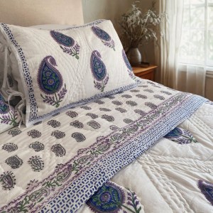 Blue and Purple Paisley Design, Reversible Hand Block Printed Quilt with Two Pillow Cases