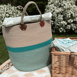 Handwoven Rope Cotton Storage Basket in Teal and Beige