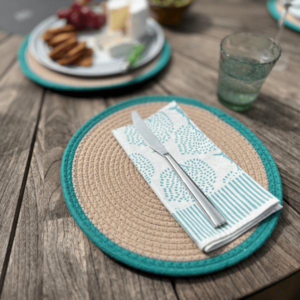Handwoven Rope Cotton Placemat in Teal and Beige