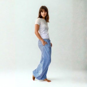 Santorini Wide-Leg Stripe Trousers, Organic Cotton, White/Blue Stripe with Embroidery