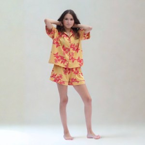 Cartagena Short Sleeve Pyjama Set – Organic Cotton, Yellow & Pink Print