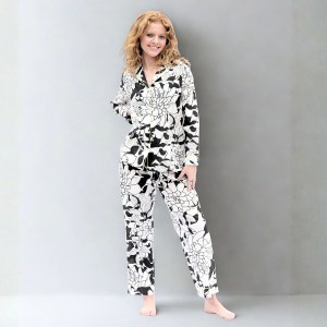 Havana Long Sleeve Organic Cotton Pyjama Set, Black & White Floral Print