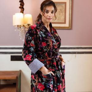 WOMEN'S VELVET KIMONO ROBE - BLACK & RED FLORAL