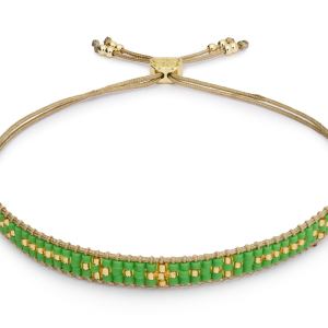 Aslan green and gold beaded bracelet with wide flat weave and Boho Betty charm