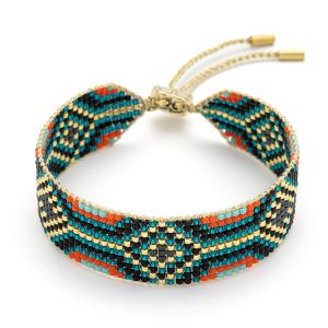 Camila Teal & Gold Beaded Cuff Bracelet featuring handwoven Miyuki beads in teal, coral, black and gold with an adjustable 12k gold-plated slider fastening.