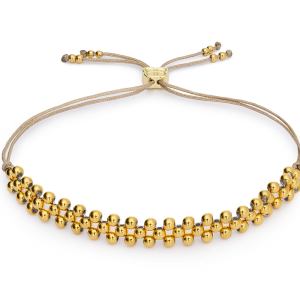 Marisol Gold Beaded Friendship Bracelet featuring 14k gold PVD-coated beads on a neutral woven cord with triple-row design.