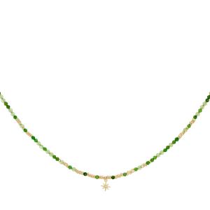Yolanda Peridot Mix Gold Layering Necklace featuring Peridot gemstones, gold accents, and a star charm with a sparkling crystal centre.