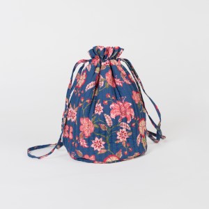 Drawstring Cotton Toiletry Bag for Travel - Navy & Pink Florals