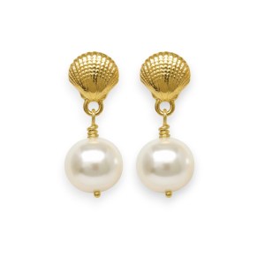 Pearl on Gold Shell Earrings