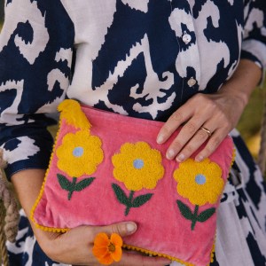 Velvet Triple Flower Pouch in Pink & Yellow