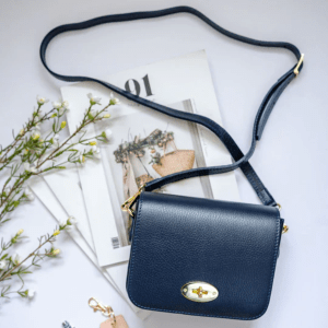Navy Blue Leather Crossbody Lock Bag
