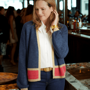 Sophie Cardigan with Gold Sparkle Lurex Trim - Navy Blue with Pink Stripe