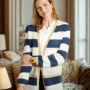 Elizabeth Long Striped Cardigan - Navy and Ivory with Gold Lurex Trim