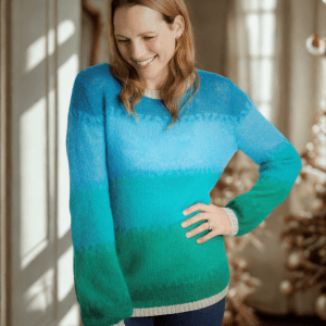 Amelia Ombre Effect Jumper with Champagne Sparkle Lurex Trim in Aqua, Blue, Turquoise and Green