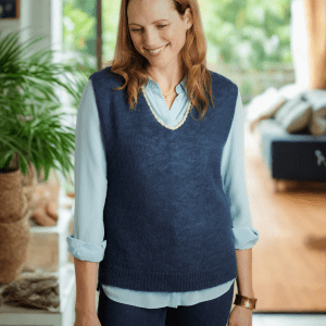 Nancy Knitted V Neck Tank Top with Champagne Sparkle Lurex Trim - Navy Blue