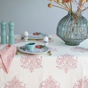 Varmala Rose Block Printed Cotton Tablecloth - Extra Large