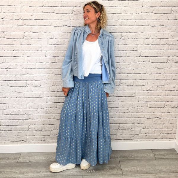 pretty baby blue maxi skirt with gold details