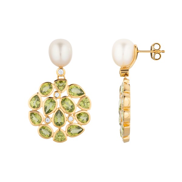 Peridot and Pearl Statement Gold Stud Drop Earrings