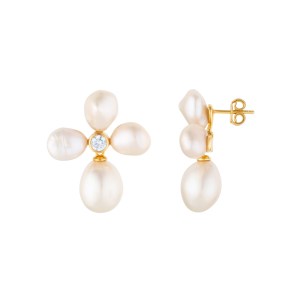 Pearl Flower Stud Drop Gold Earrings with Cubic Zirconia