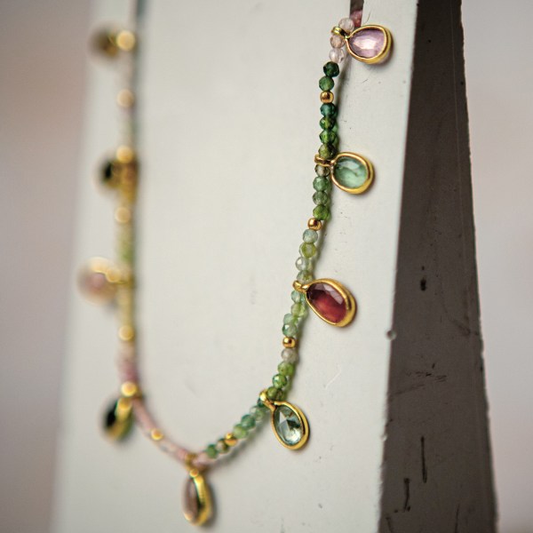 Tourmaline leaf necklace, gold vermeil