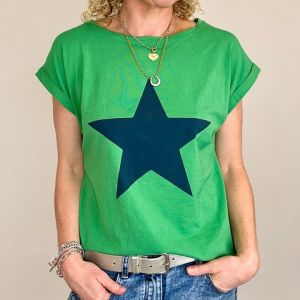 bright green t-shirt with a big navy star on the front