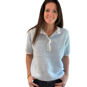 Blue Button Collar & Cuff Short Sleeve Jumper