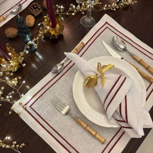 Embroidered Double Stripe Linen Napkins Ruby Red (set of 4)