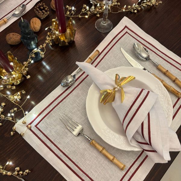 Embroidered Double Stripe Linen Napkins Ruby Red (set of 4)