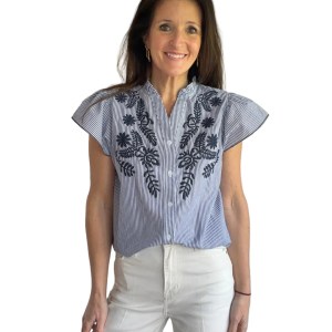 Navy Stripe Embroidered Fluted Top
