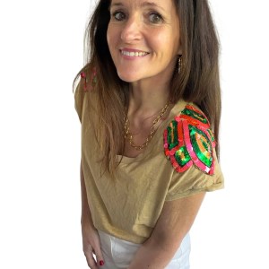 Sequin Shoulder Camel V Neck T Shirt