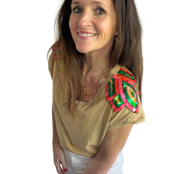Sequin Shoulder Camel V Neck T Shirt