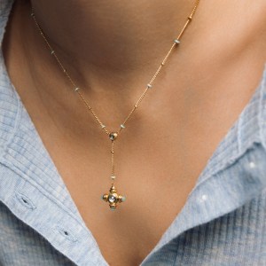 Blue Topaz Cross Gold Lariat Necklace