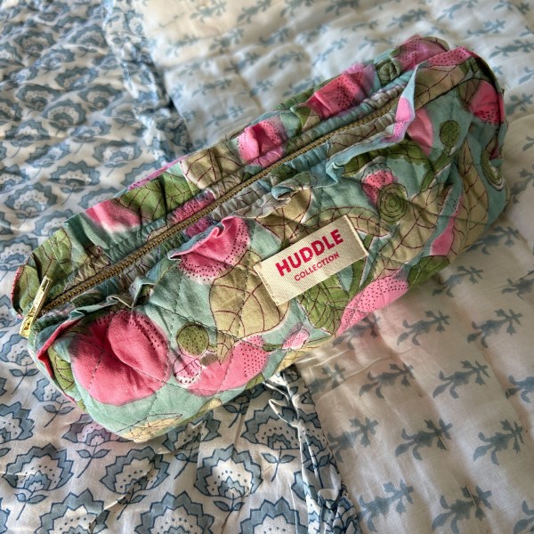Frilled cotton block printed make-up bag