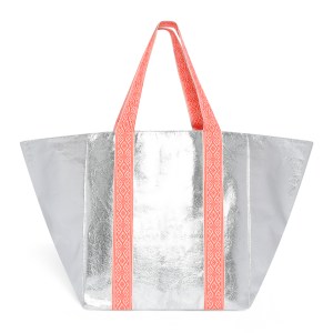 Cockatoo shiney silver beach bag with neon orange straps
