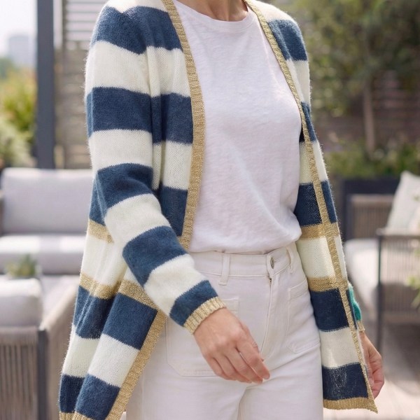 Women's Long Striped Cardigan - Navy and Ivory with Gold Lurex Trim