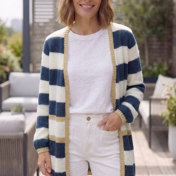 Women's Long Striped Cardigan - Navy and Ivory with Gold Lurex Trim