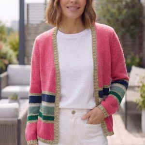 Women’s Colourful Striped Cardigan with Gold Lurex Trim - Pink