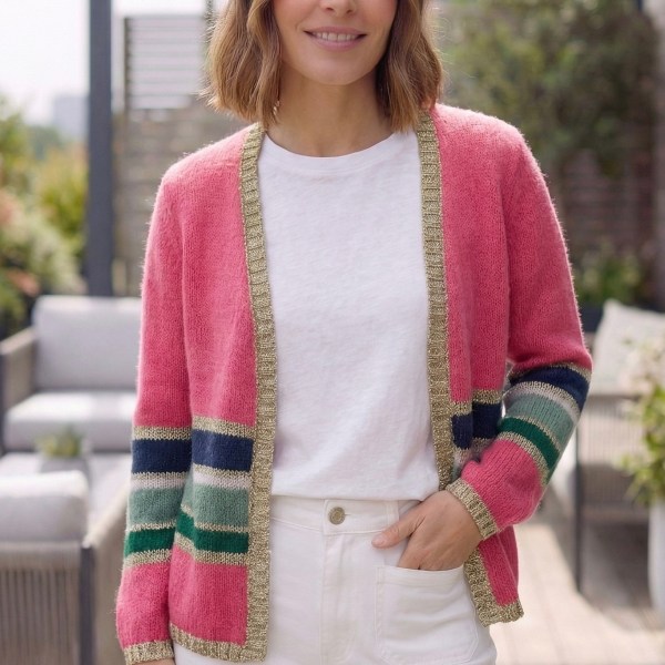 Women’s Colourful Striped Cardigan with Gold Lurex Trim - Pink